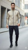 Men’s Premium Athletic Tracksuit – Beige Jacket & Black Track Pants | Double Stripe Sportswear Set