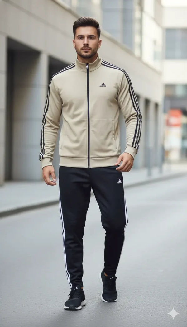 Men’s Premium Athletic Tracksuit – Beige Jacket & Black Track Pants | Double Stripe Sportswear Set